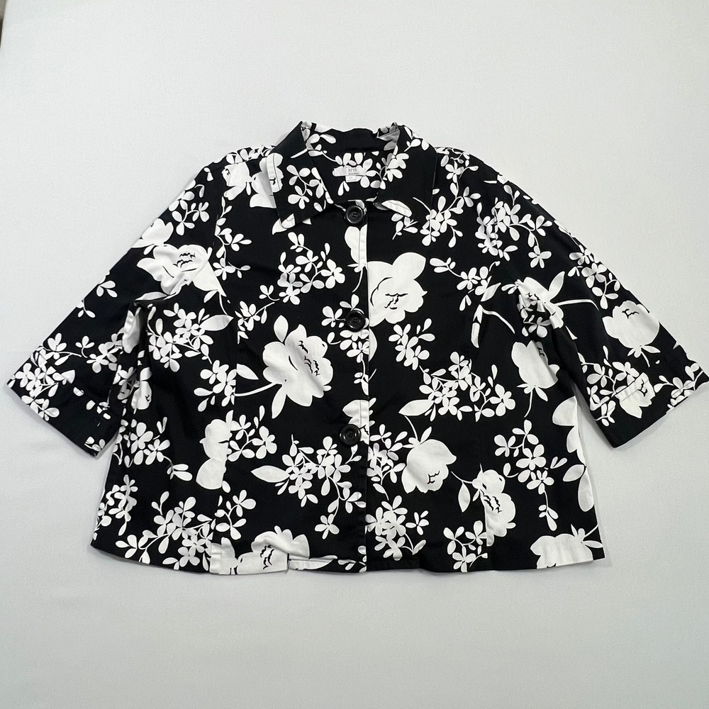 Erin by Erin London Jacket Floral Button Up Black White Womens 2X
